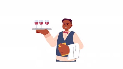 Animated Male Waiter Carrying Drinks Tray Flat Design