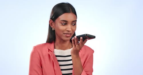 Microphone, phone call or woman in studio for a voice recording or loudspeaker in an audio message