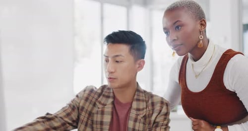 Leadership, black woman or manager mentoring an employee on SEO digital marketing strategy
