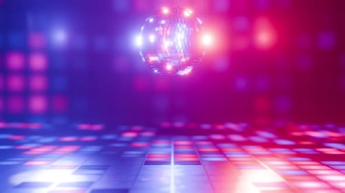 Bucle VJ. Rotación suave de la bola de discoteca con reflejos en los espejos. Animación retro.