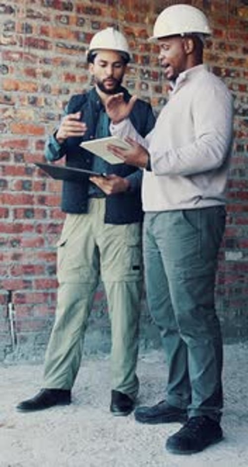 Civil engineer, teamwork and men with tablet, building and idea for property development and online
