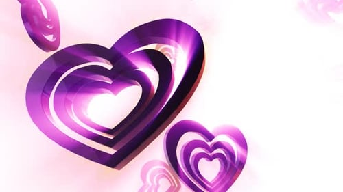 Romantic Purple 3D Hearts Animation with Light Rays