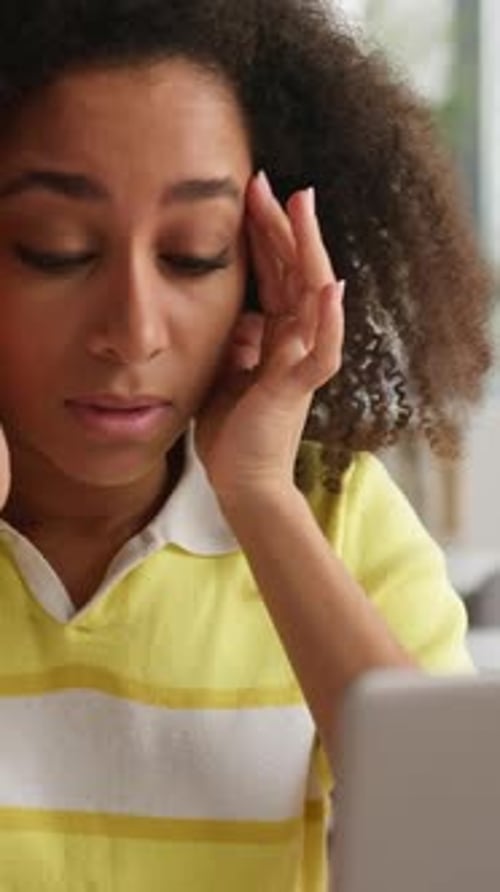 African American Ill Sick Student Girl Laptop Studying Feeling Headache Eyes Irritation Discomfort