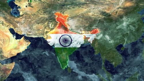 Mapa satelital de la India o Bharat o Indostán con la bandera y los límites del área de dibujo