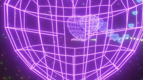 Posavasos Ride Along Wireframe 3D con forma de corazón, color neón que brilla en el espacio, 4K