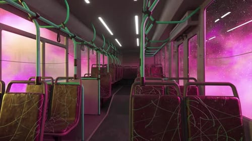 Véhicule de tourisme vide traversant l'espace cosmique révélant des nébuleuses roses et un fond étoilé