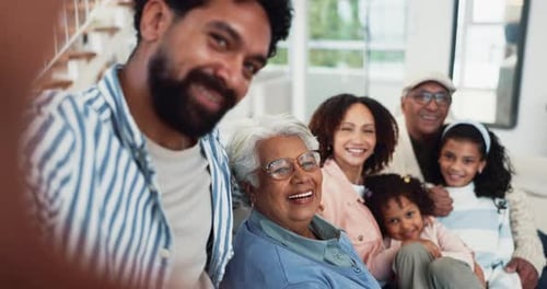 Selfie, parents and grandparents with kids in home together with bonding