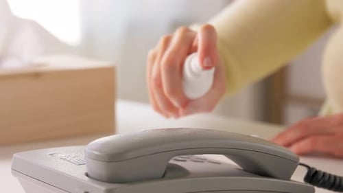 Hygiene, Cleaning and Disinfection Concept - Close Up of Woman Spraying Hand