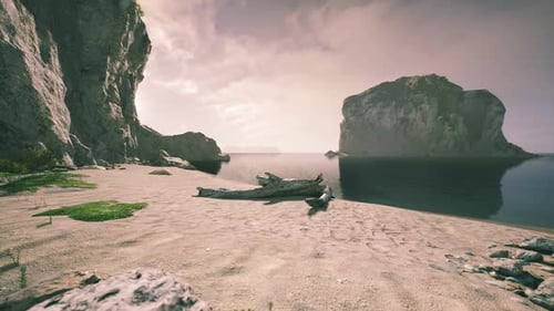 Beautiful Coastal Landscape with Sandy Beach and Rocky Cliffs at Sunset