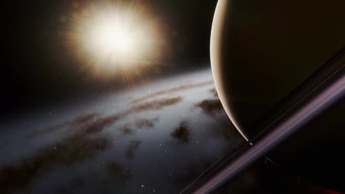 Orbiting Planet with Rings and Star in Deep Space