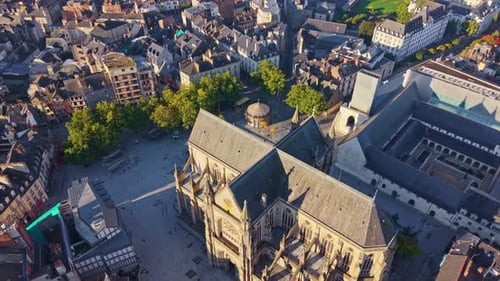 Downward drone fly at Place Saint-Anne and Basilica of Saint-Aubin in Our Lady aka Basilique