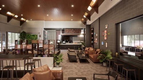 Warm and Modern Cafe Interior with Cozy Armchairs, Green Wall Panel