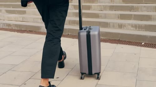 Tourist Man with Suitcase Baggage in Spain A Traveler with Luggage Suit Jacket on Business Street Go