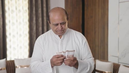 Disappointed Indian old man counting money