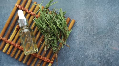 Eucalyptus Essential Oils in a Glass Bottle with Green Leaf on White Background