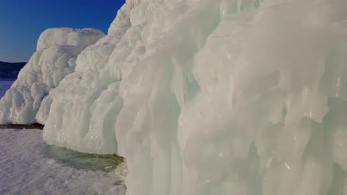 Ice and Icicles on Rocks on Lake Baikal
