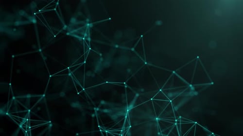 Abstract network connections, neural networks. Dots connected by lines move chaotically on a turquoi