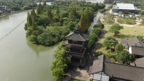 Aerial View of the Scenic Beauty of Ke Yan Scenic Area and the Surrounding Ancient Town in Shaoxing