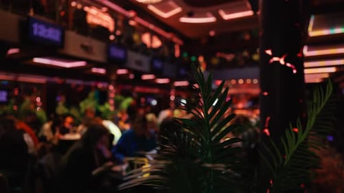 An Elegantly Blurred Interior of a Casino Featuring Ambiencerich Lighting and a Lush Plant