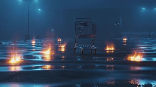 Surreal Shopping Cart with Fires in a Misty Night Parking Lot