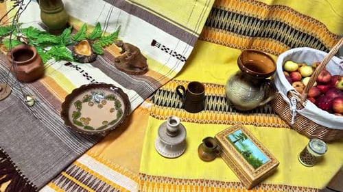 Vintage Still Life with Rustic Pottery and Fruit