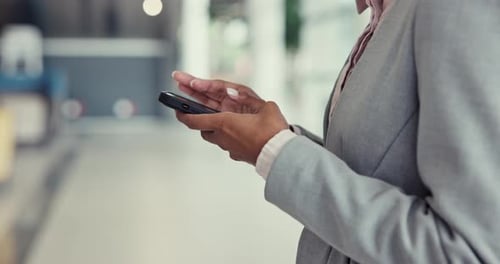 Business person, phone and hands typing in communication, social media or networking at office