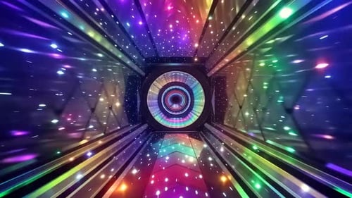 Futuristisches Sci-Fi-Portal mit Regenbogen-Neontunnel-Bewegungsgrafik