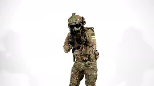 Russian Team of Airsoft Portrait of Professional Sniper with Modern Rifle Aiming By Gun in Studio