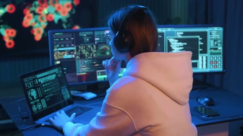 In Kopfhörern, mit Laptop. Junge professionelle Hackerin ist am Computer drinnen