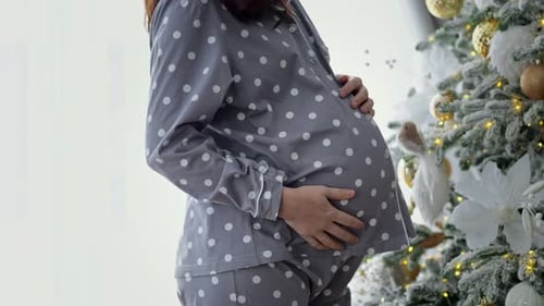 Pregnant Woman Stands by Christmas Tree