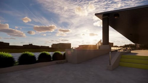 Modern architectural design with peaceful waterfront view and captivating sunset sky