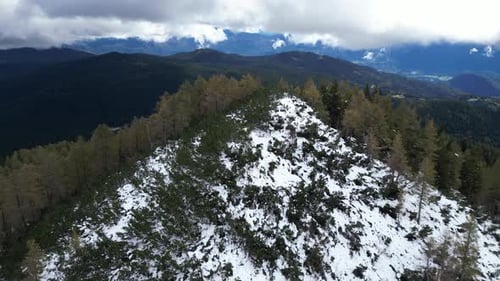 Impresionante vista aérea de los Alpes Julianos con escarpados picos cubiertos de nieve y árboles alpinos dispersos