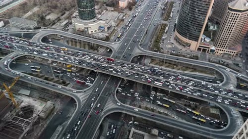 Cinematic and Majestic View of Highway Interchange and Multiple Overpasses