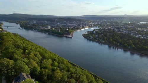 Flyover aerial shot of Ehrenbreitstein Fortress in Germany, a UNESCO World Heritage Site built betwe