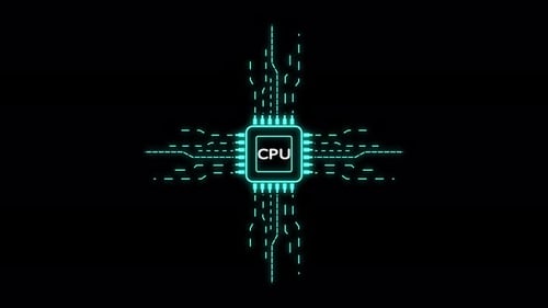 Futuristic CPU Chip Animation with Glowing Data Flow