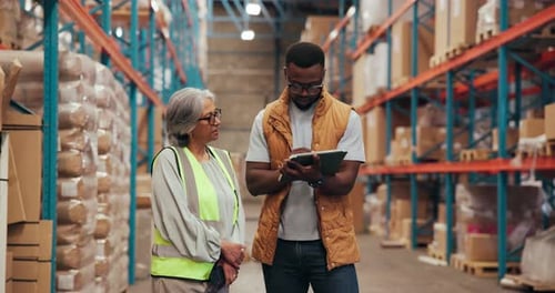 People, team and tablet for stock in warehouse with supply chain, discussion and meeting