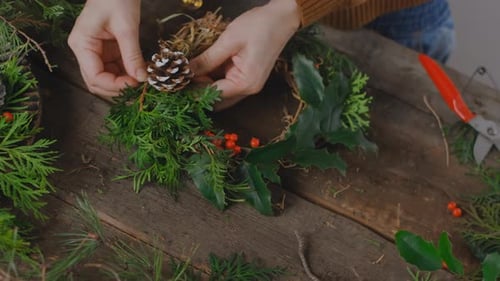 Crafting Christmas Wreath with Natural Greens and Pinecone