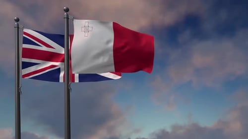United Kingdom and Malta Flags Waving Realistically in Wind