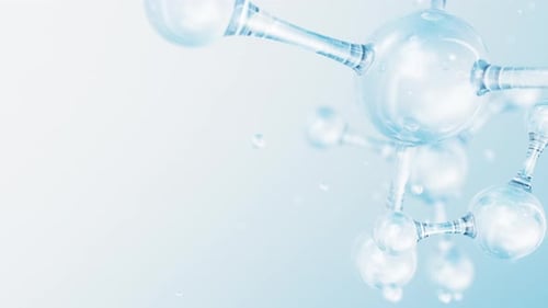 3D-abstraktes glänzendes Glas mit molekularen Strukturen und Bewegungshintergrund, kosmetisches Kollagen-Serum-Essenzöl