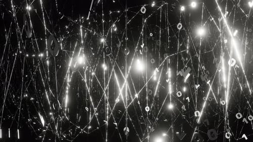 Moving through binary matrix of white flashing ones and zeros. Digital background concept