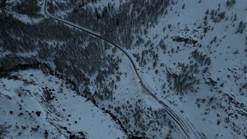 Aerial Shot of a Serene Snowy Forest Road at Dusk in Winter Landscape