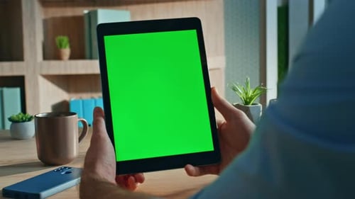 Employee Surfing Online Chroma Key Tablet in Company Office Close Up Man Hands