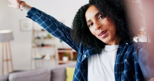 Face, woman and influencer live streaming in home, living room and lounge for social media