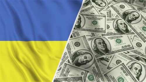 Winkende Schleife mit Flagge des US-Dollars und der Ukraine