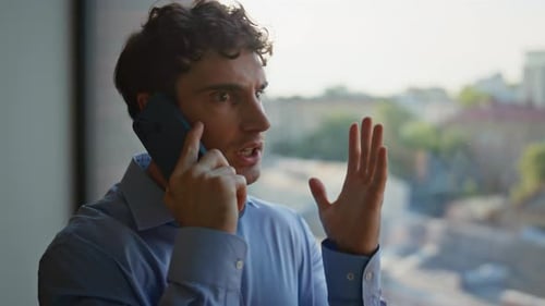 Portrait Angry Ceo Calling Cellphone at Office Window Nervous Businessman