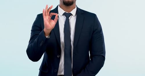 Business, closeup and man with ok hand, agreement and support on a white studio background