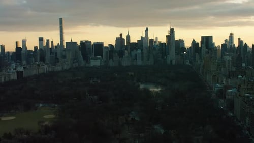 Aerial View of Central Park Leading to Downtown Manhattan, New York City