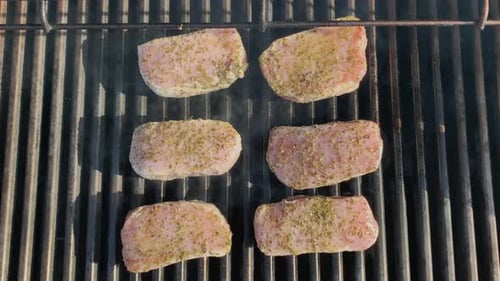 Six pork chops on a grill in the summer