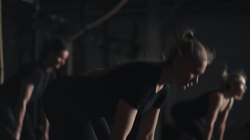 Group Fitness Class In Health Club Young Women Doing Exercise With Dumbbells Power Workout