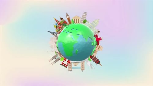 Animated Globe with Famous World Landmarks for Travel